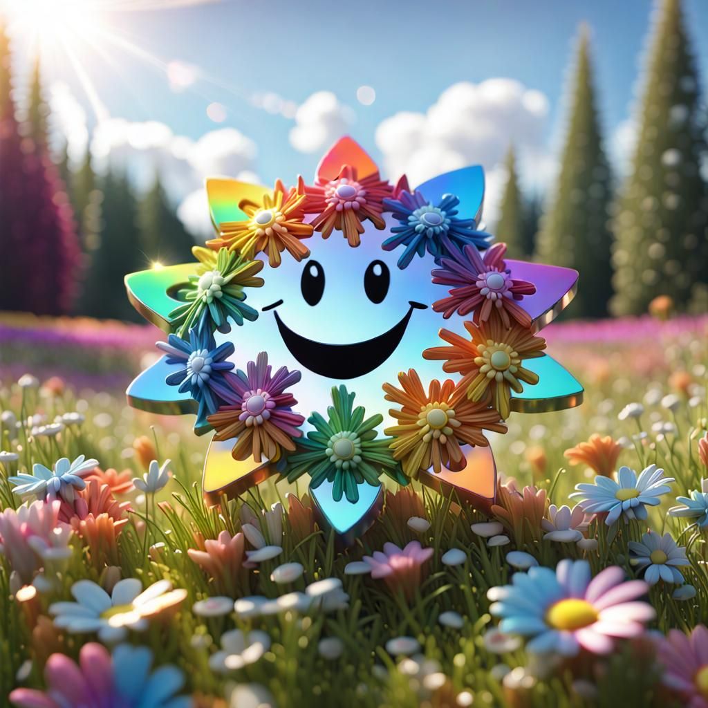 Rainbow Fractal Chip in Meadow, Photorealistic 3D Render