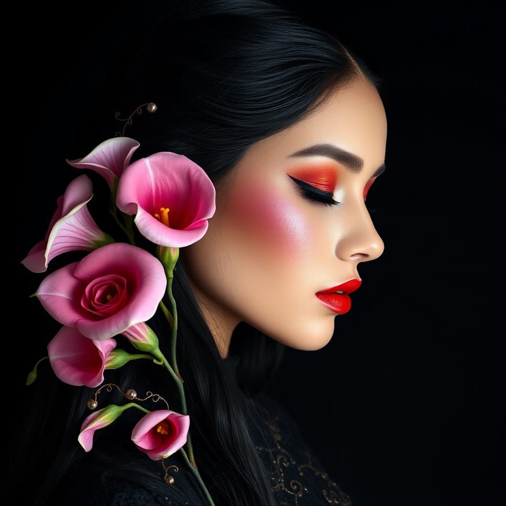 Glossy Portrait of a Refined Woman in High-Fashion Makeup