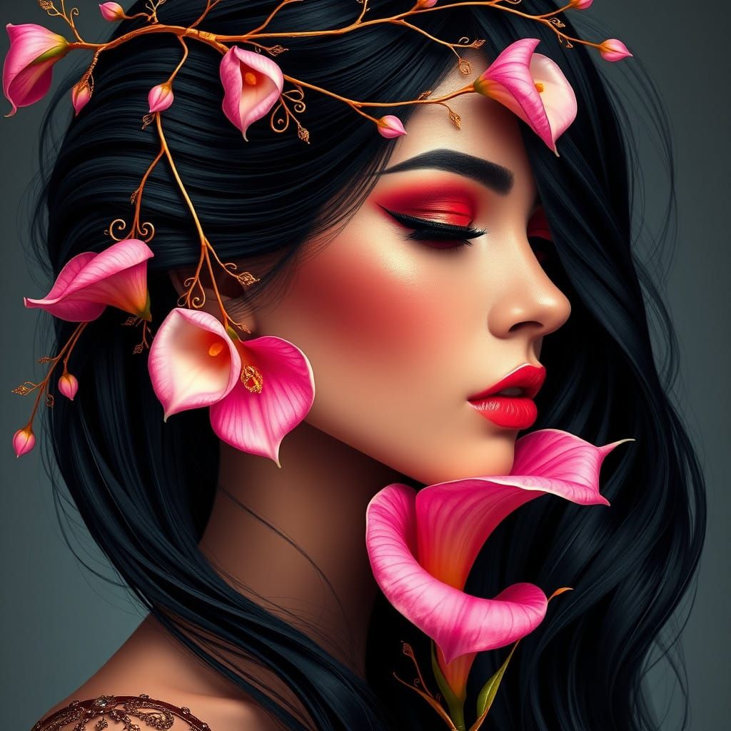 Elegant Woman's Profile in High-Gloss Makeup with Golden Hai...