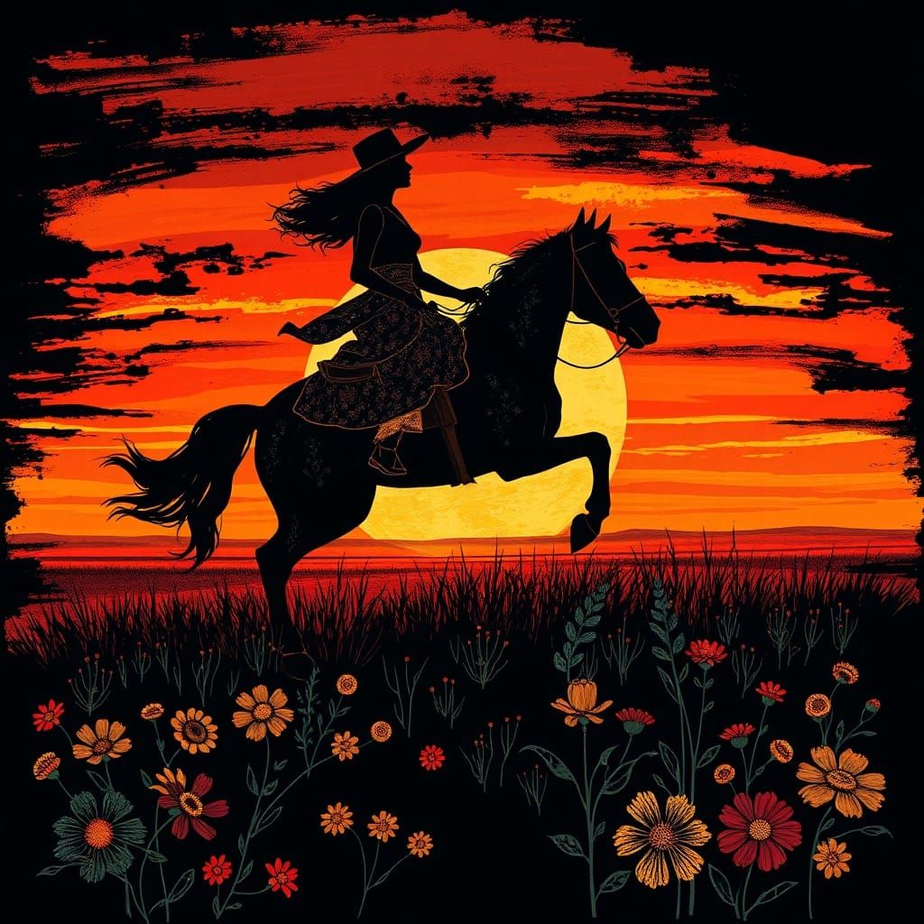 Cowgirl Galloping at Sunset in Impressionistic Style