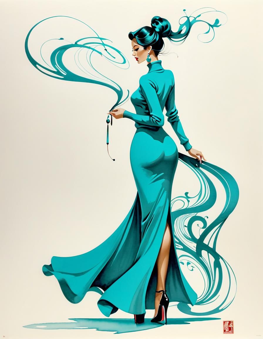Ethereal Woman in Turquoise Calligraphy