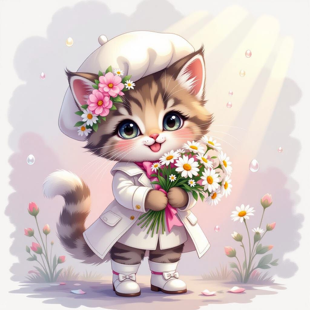 Whimsical Chibi Kitten with Daisies in Watercolor Style