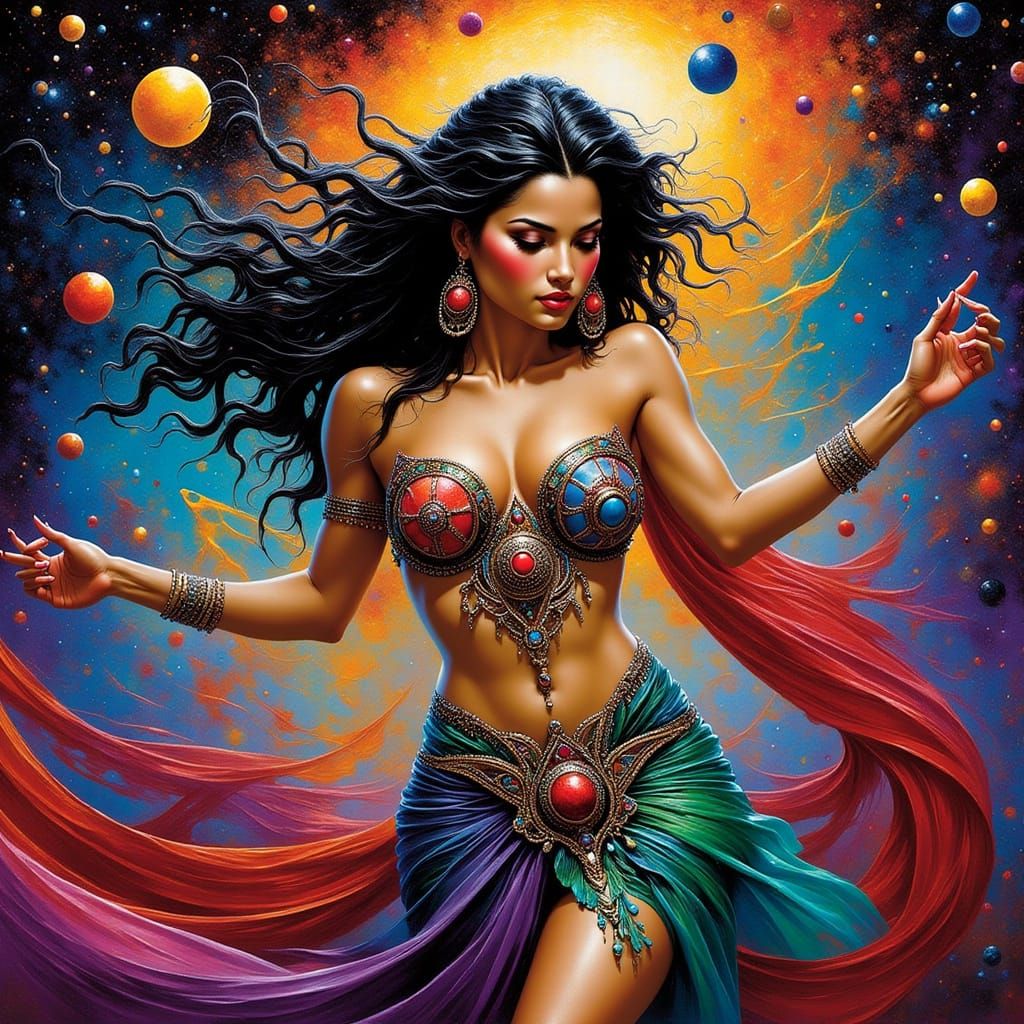 Comic Art Belly Dancer in Surreal Cosmic Landscape