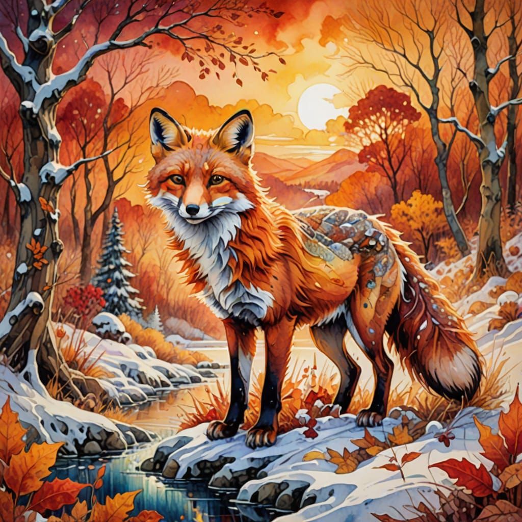 Vibrant Autumn Fox in Whimsical Watercolor Sunset
