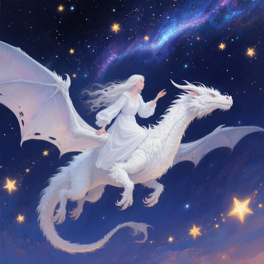 Girl Rides Fluffy Dragon Under Starry Sky