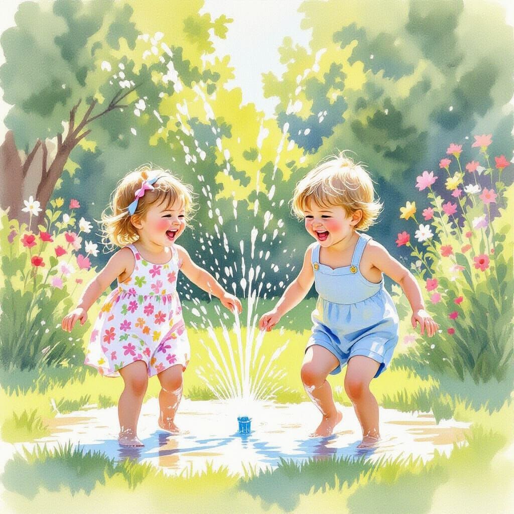 Children Playing in Sprinkler, Delicate Watercolor Painting