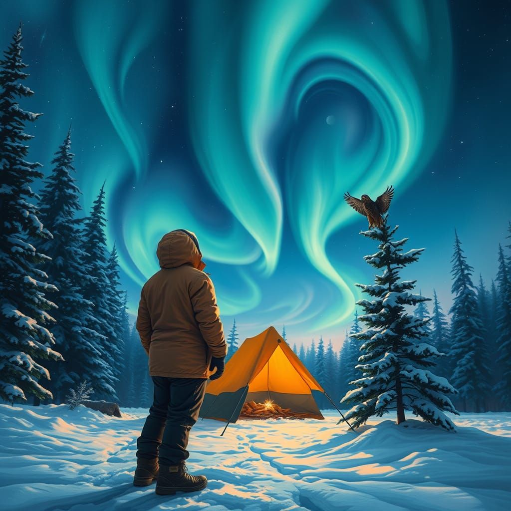 Winter Camping Scene with Northern Lights and Majestic Falco...