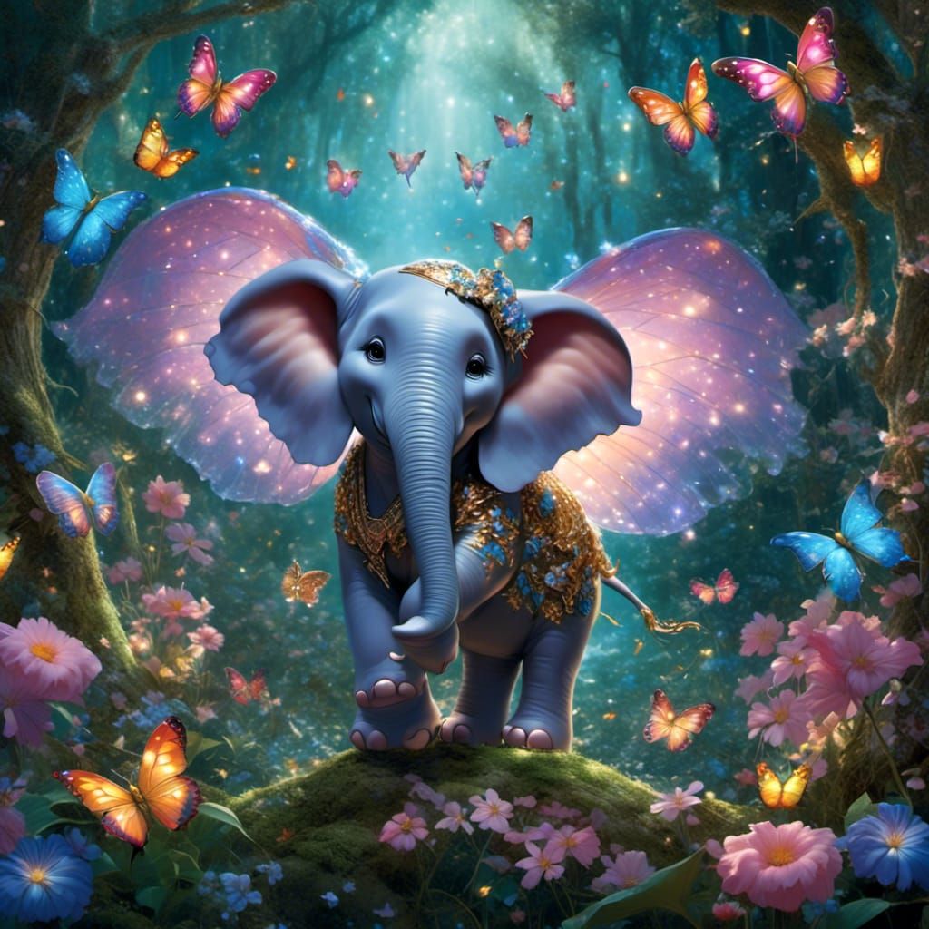 Winged Elephant Flies Over Enchanted Forest