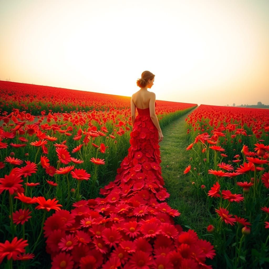 Romantic Daisy Field Elegance in Vibrant Red and Gold
