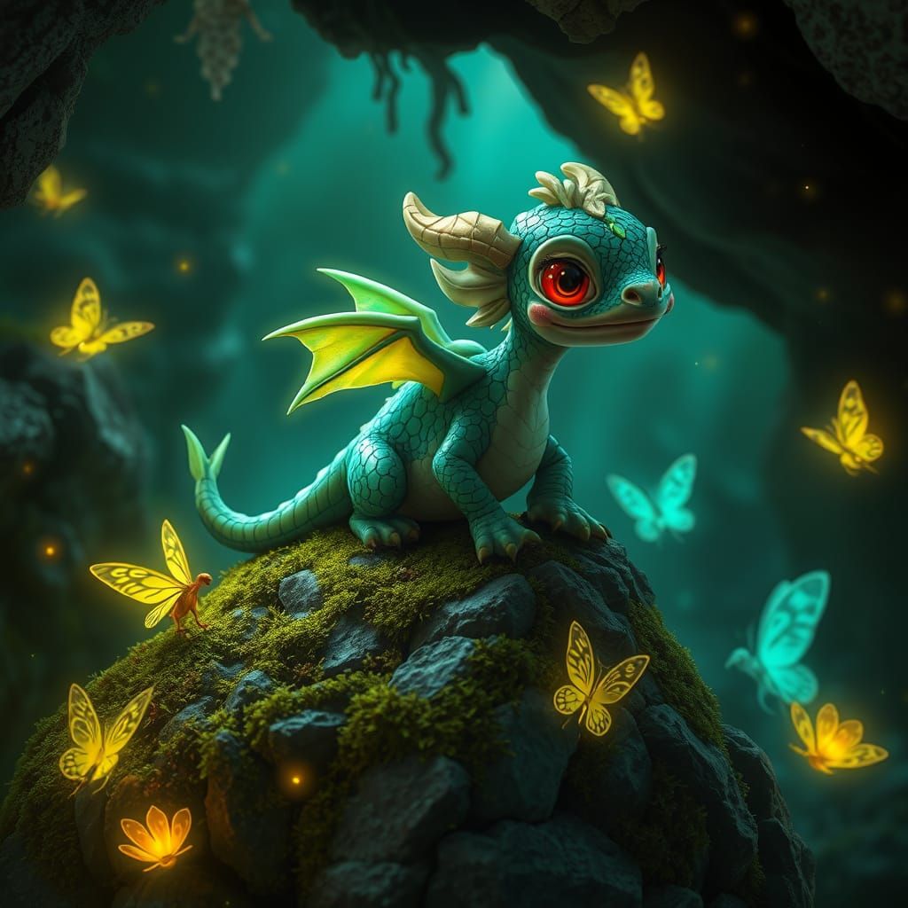 Whimsical Baby Dragon Perched on Mossy Rock, Surrounded by G...