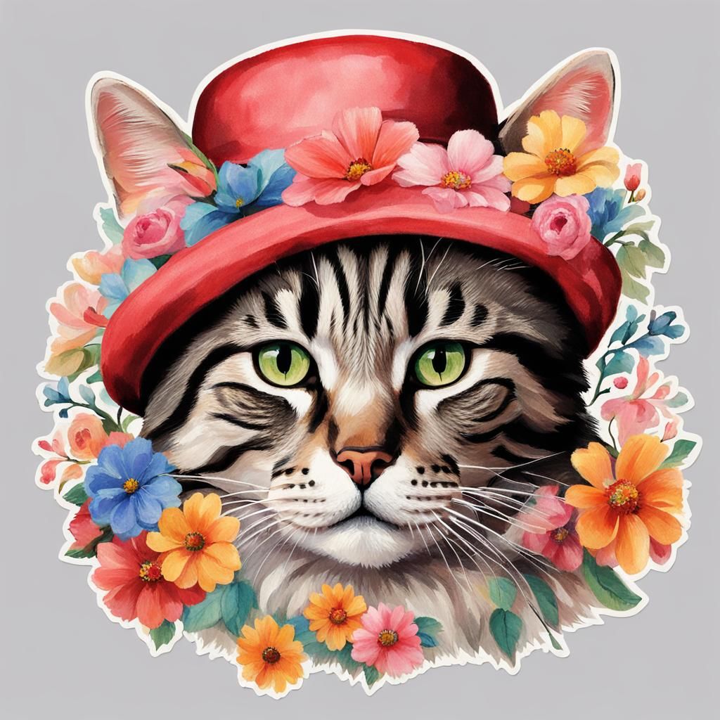 Cat in Floral Hat: A Whimsical Portrait