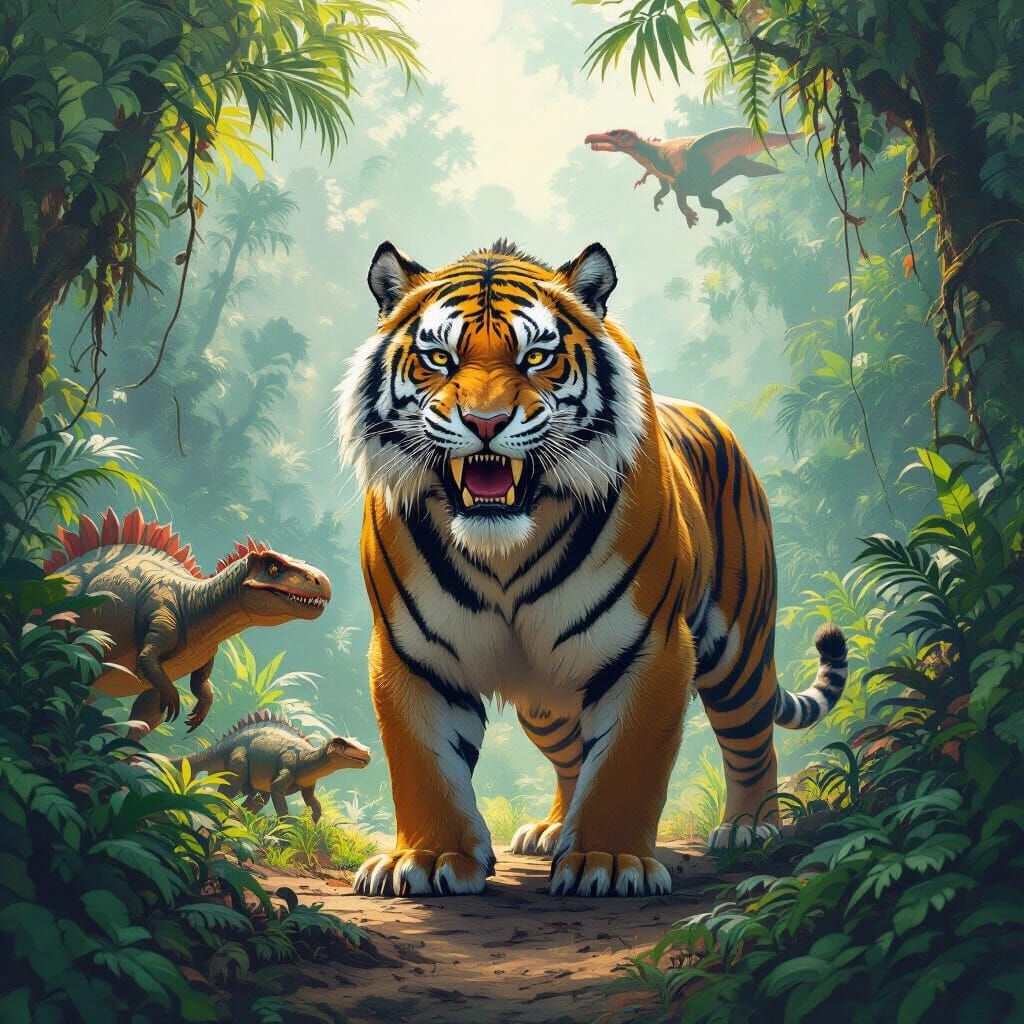 Sabre-Tooth Tiger in Prehistoric Jungle Art
