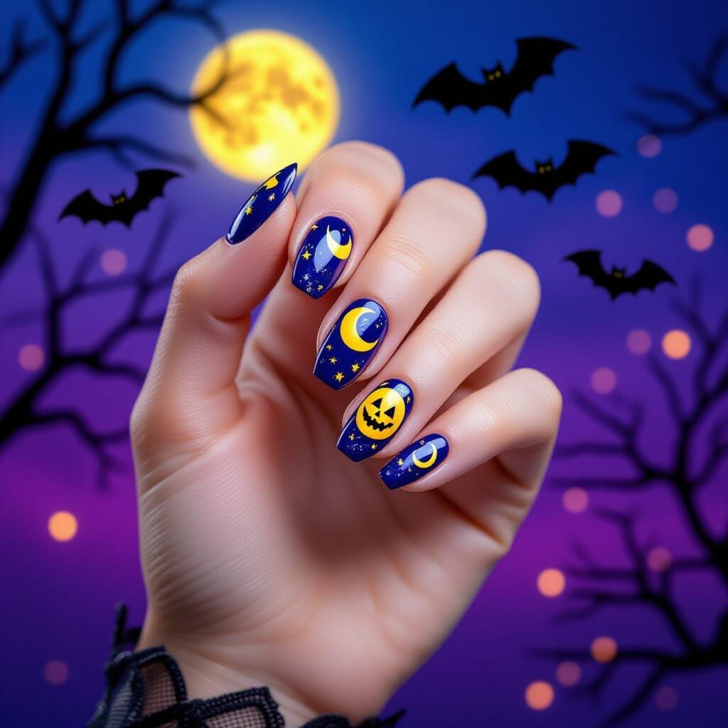 Realistic Witch Nail Art on Female Hand with Moon Accents