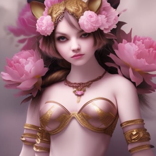 Cat as Pipos Doll Among Peonies