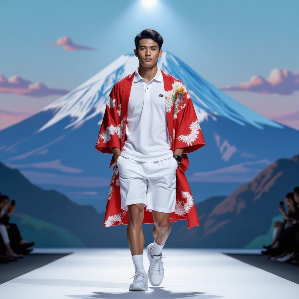 Athletic Man in Kimono on Runway, Hyperrealistic Art