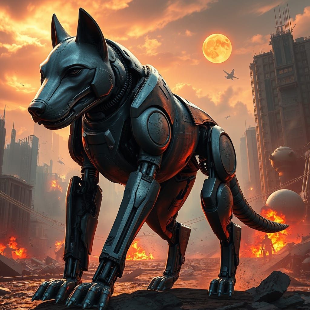 Mechanized Canine Warrior Stands Amidst Ruined Dystopian Cit...