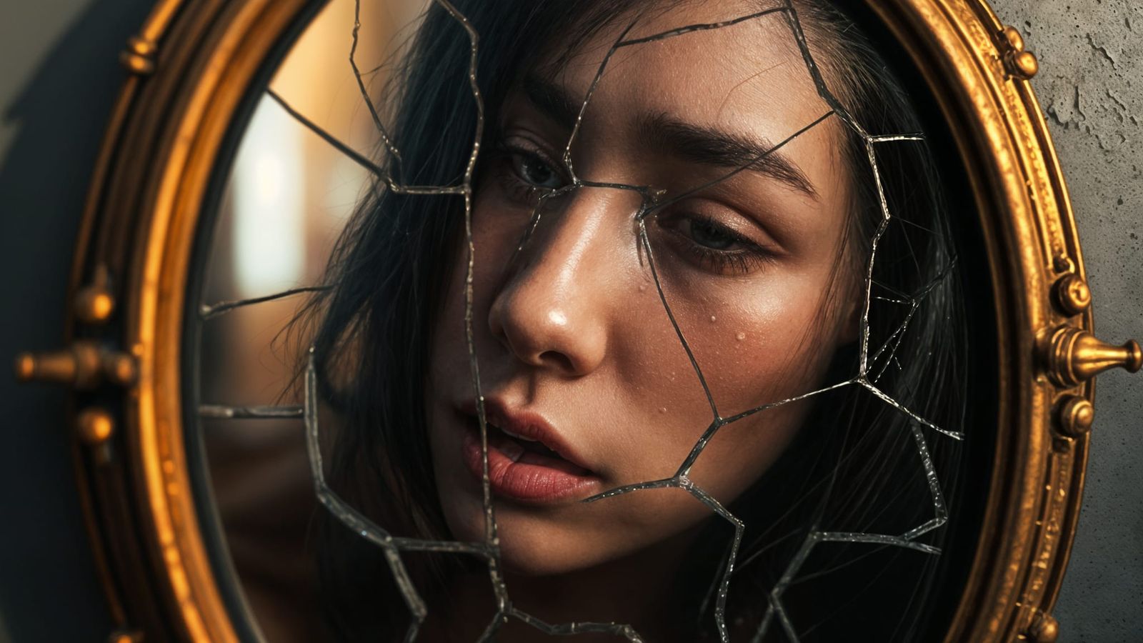 Crying Woman Reflected in Cracked Mirror