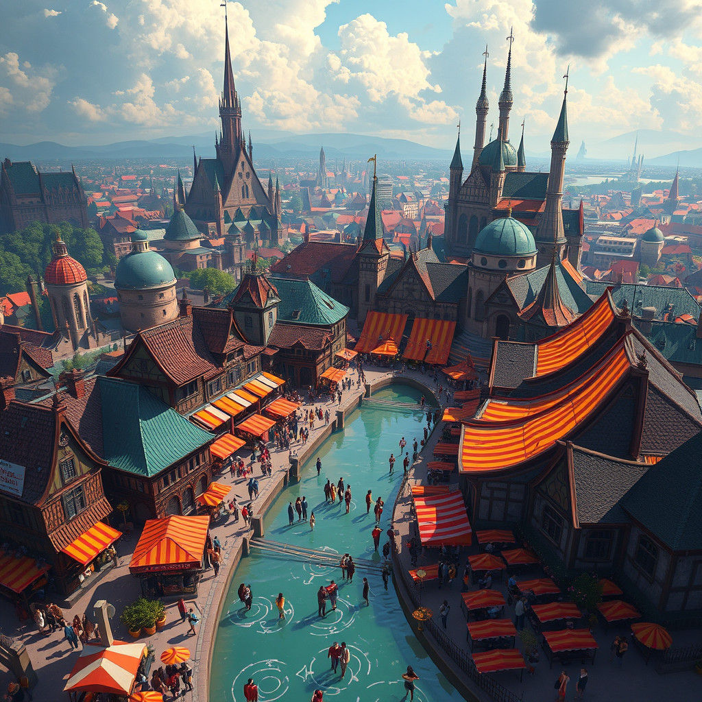 Fantasy Cityscape Strassenfest in Matte Painting Style
