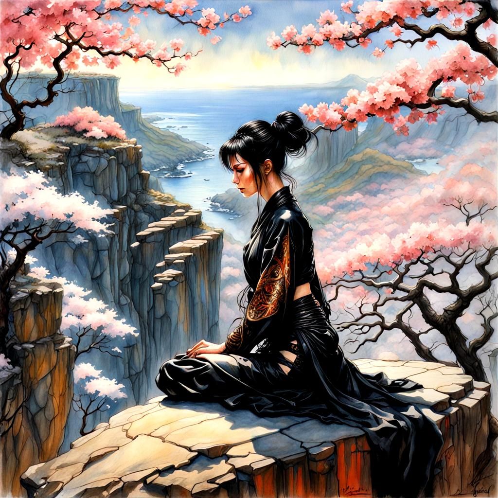 Goth Girl Meditating in Sakura Paradise Watercolor