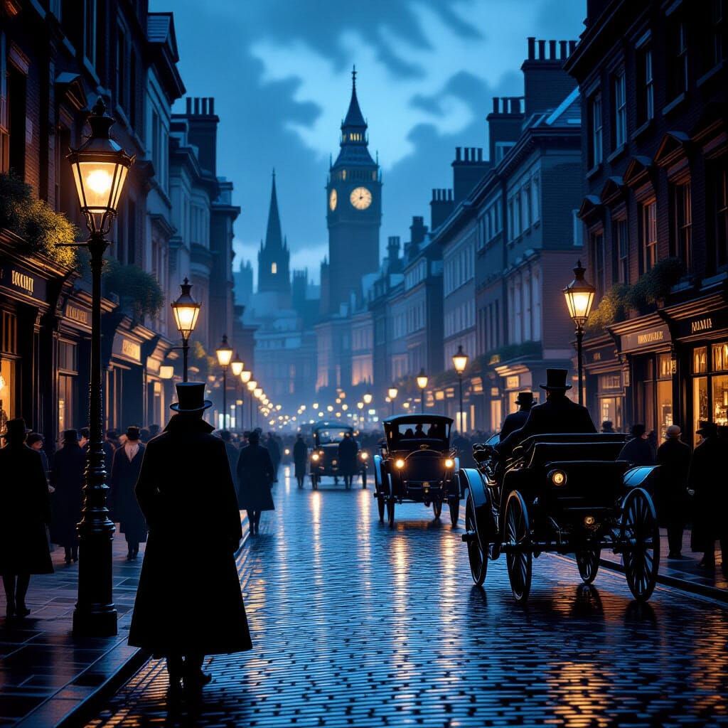 Victorian London Street Scene at Dusk with Mysterious Figure