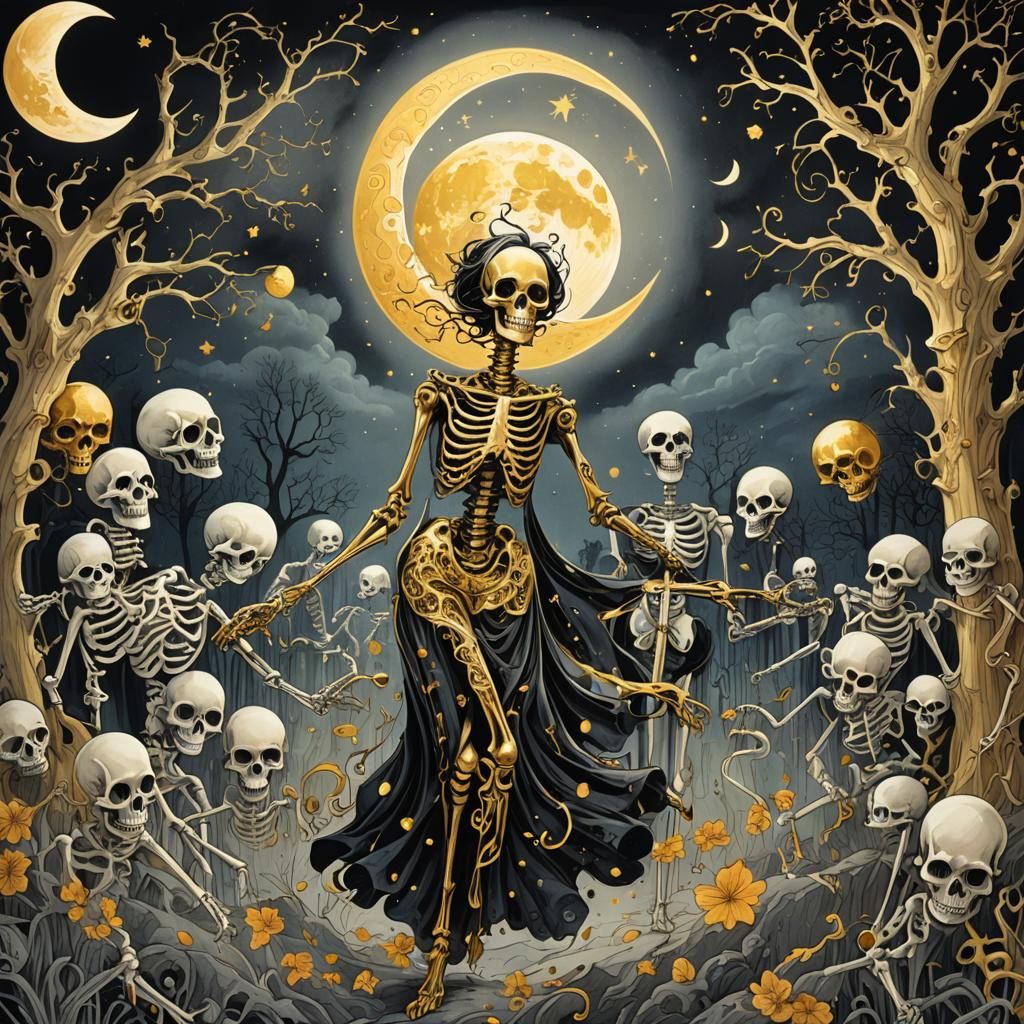 Whimsical Ink Illustration: Moonlit Dance of Ghosts