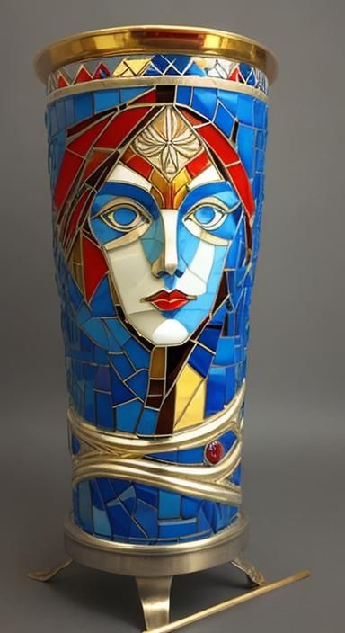Art Nouveau Mosaic Metallic Design in Blue and Red