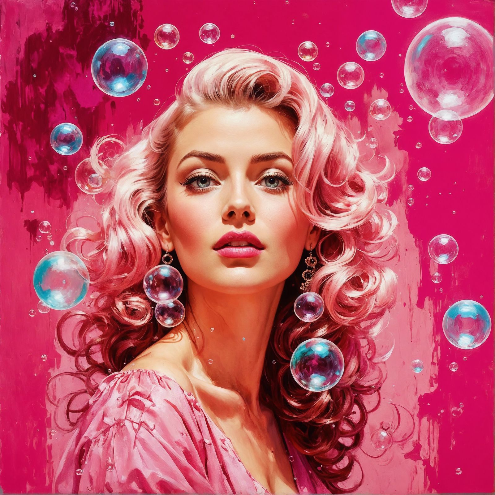 Glamorous Woman Surrounded by Bubbles in Pin-Up Style
