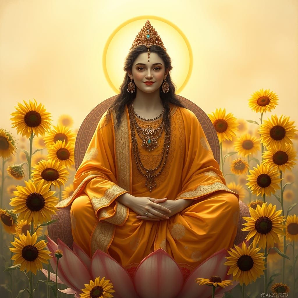 Serene Goddess of Joy and Contentment in Sunlit Field