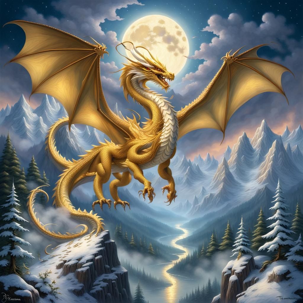 Golden Dragon Soaring Above Snowy Peaks in Moonlight