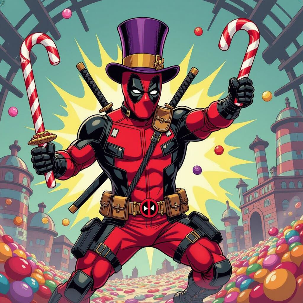Deadpool Wonka Hybrid Wields Candy Cane Sword in Pop Art Sty...