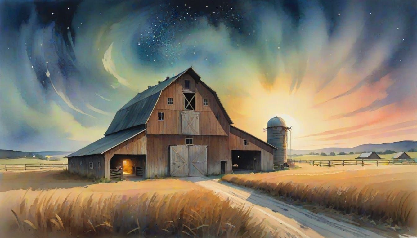Watercolor Barn in Morning Sunlight with Swirling Sky