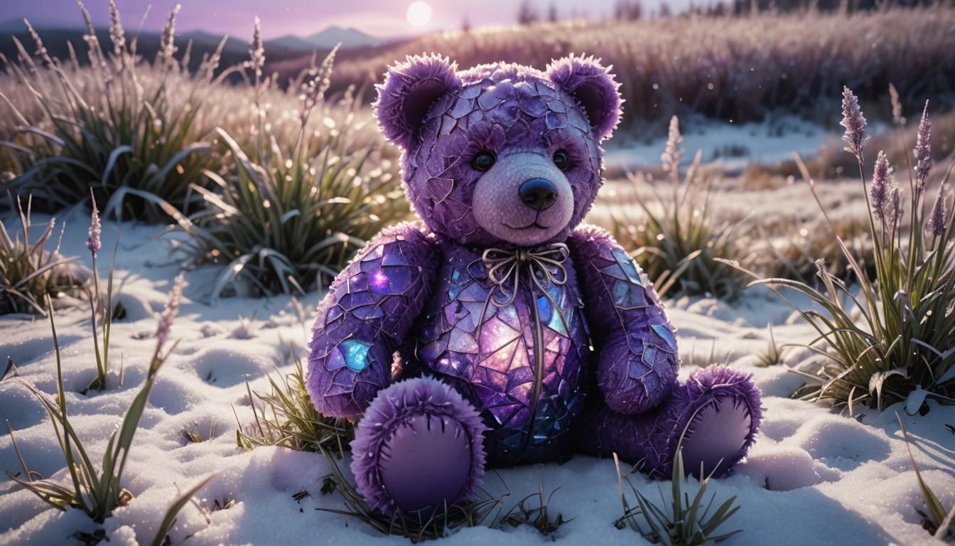 Purple teddy bears in the  snowygrass, no background, stunni...