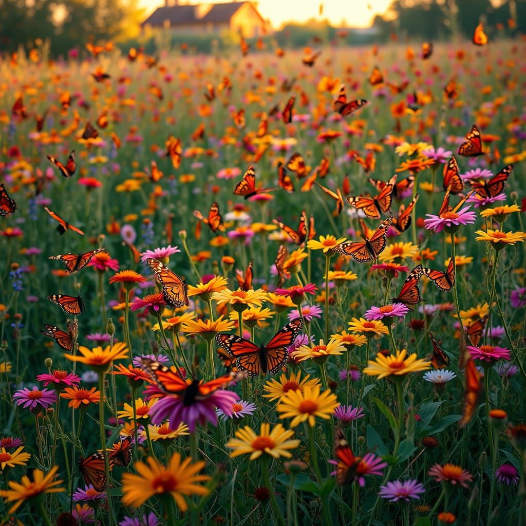 Wildflowers Dancing with Butterflies in a Golden Dusk