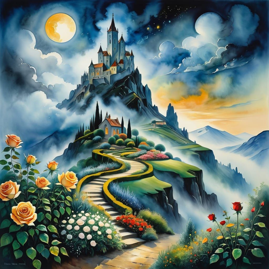 Dreamlike Garden Scene in Expressionist Surrealist Style