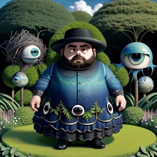 Surreal Garden: Obese Man in Dress with Eyeballs