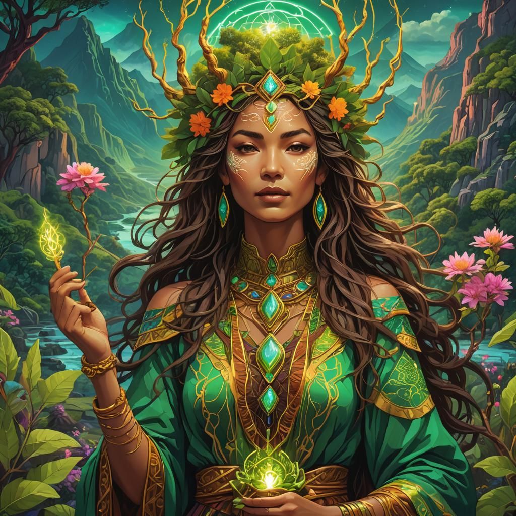 Vibrant Pachamama Portrait in Synthwave Neon Style