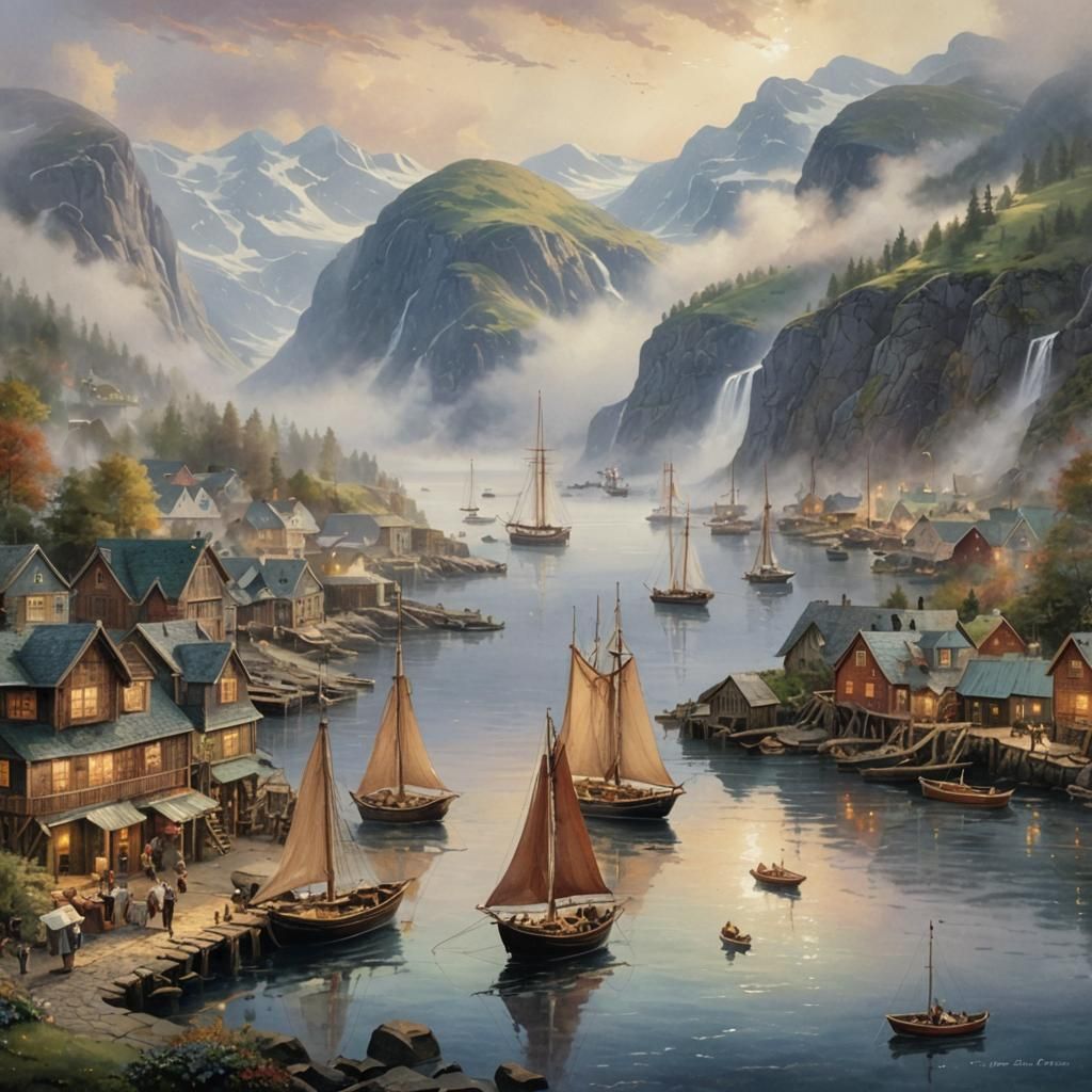 Watercolor Harbor Scene on Norwegian Fjord
