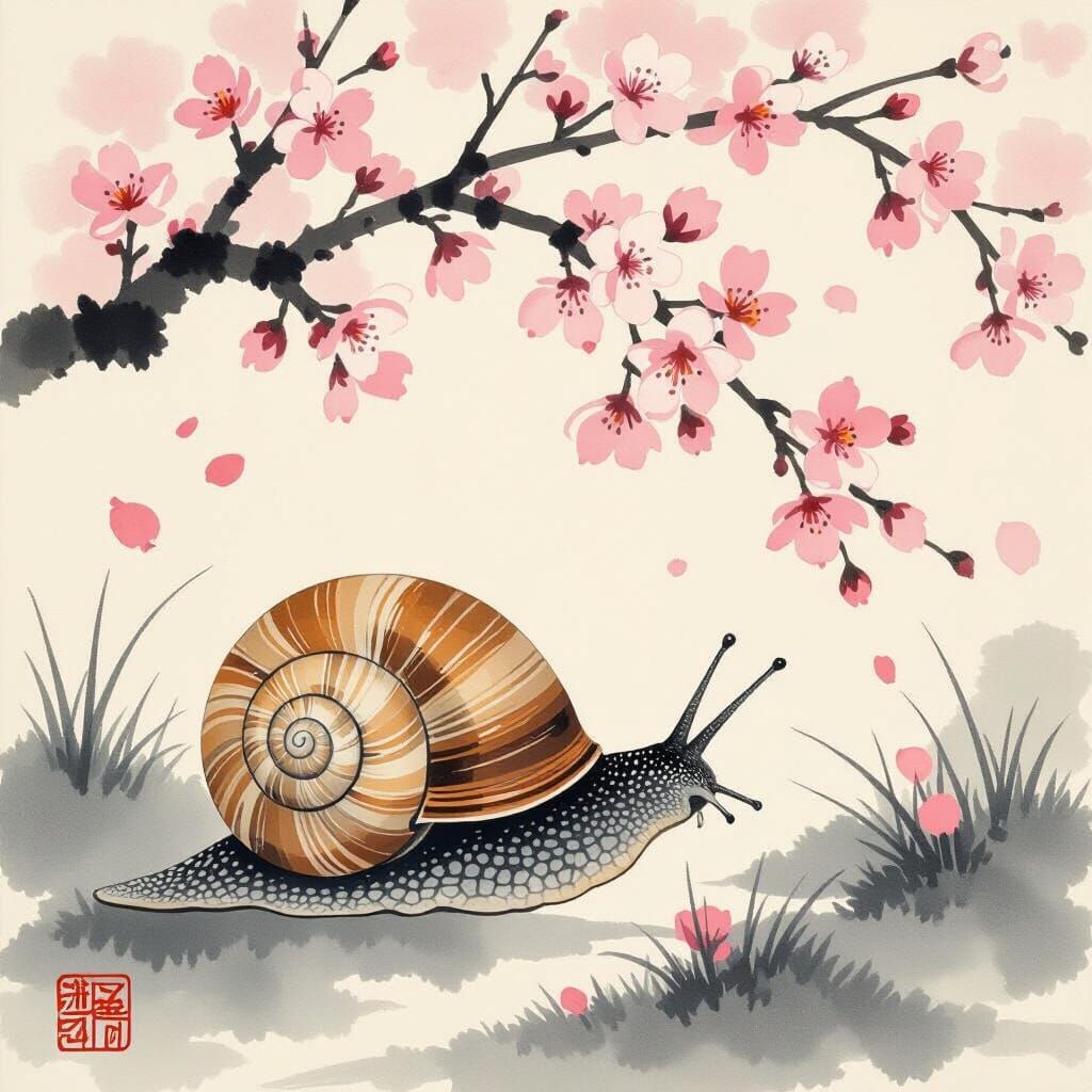 Snail in Yamato-e Style Among Cherry Blossoms