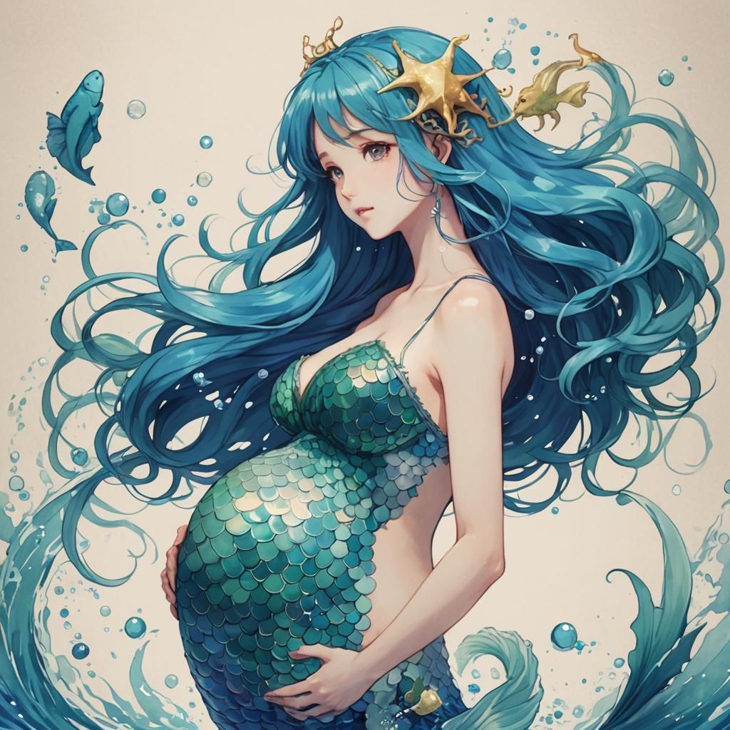 Pregnant Anime Mermaid with Blue Hair
