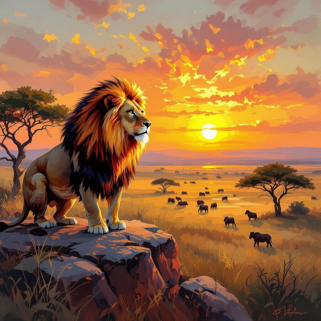 Lion with Fiery Mane Overlooking Savannah as Impressionist P...