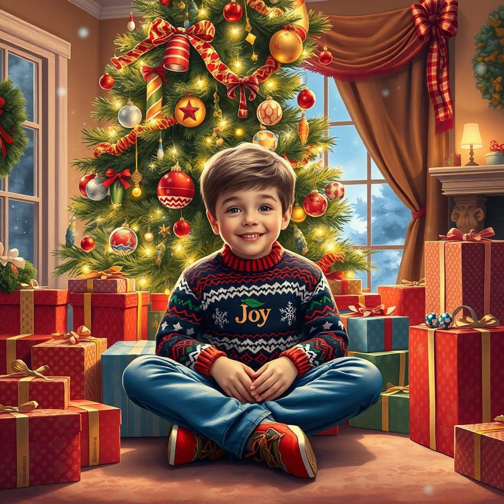 Warm Winter Wonderland Scene with Boy under Christmas Tree