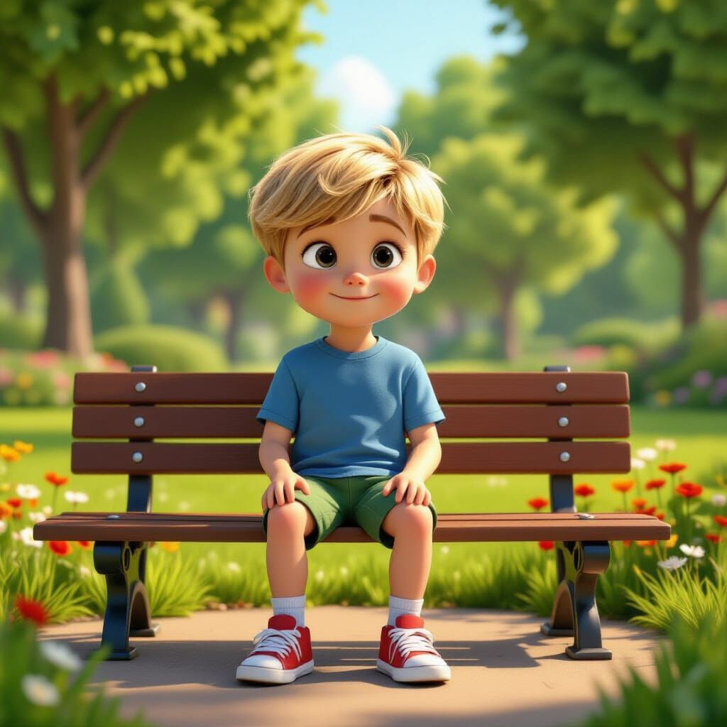 Pixar Style Boy on Park Bench in Vibrant Scene
