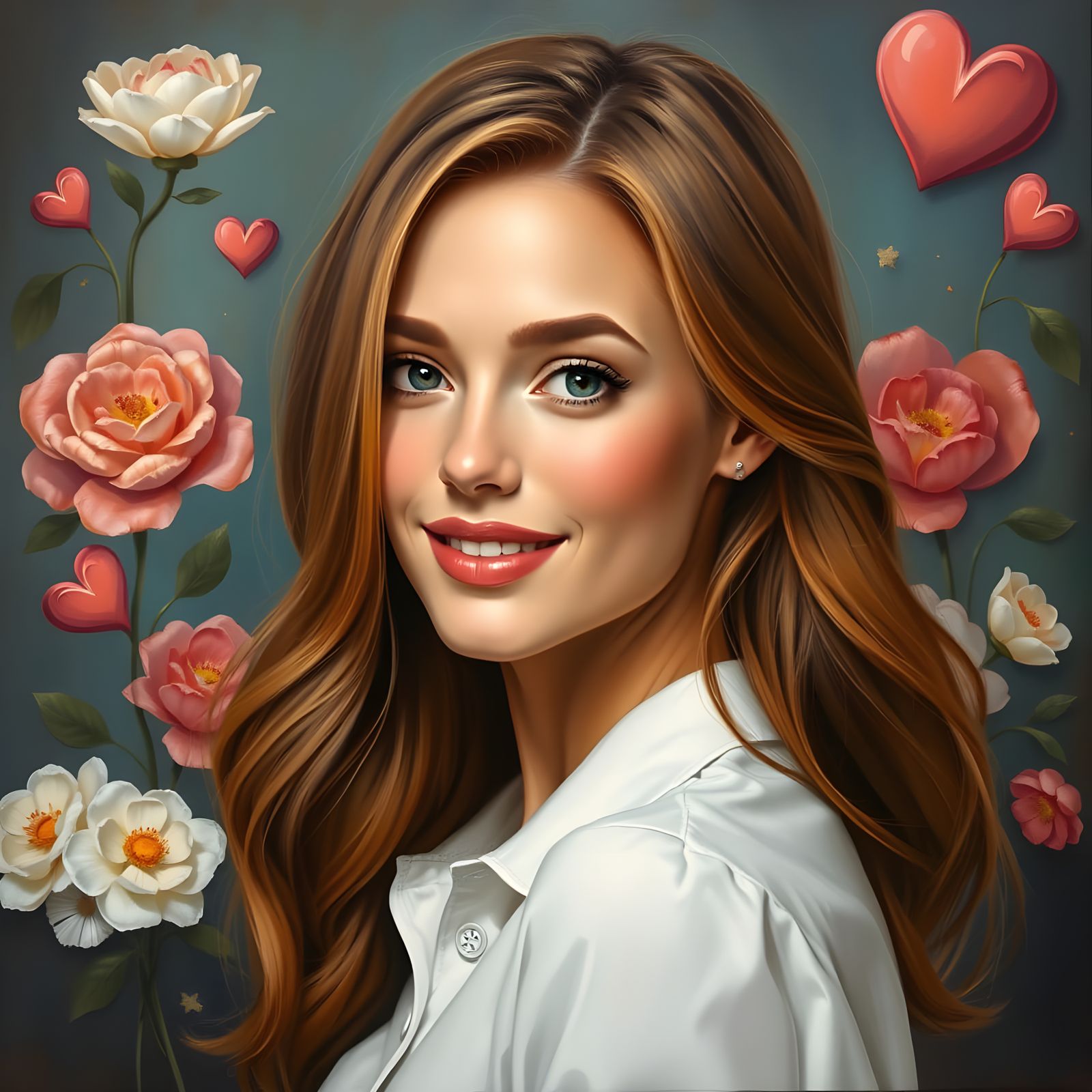 Beautiful Woman Portrait with Flowers, Oil Painting