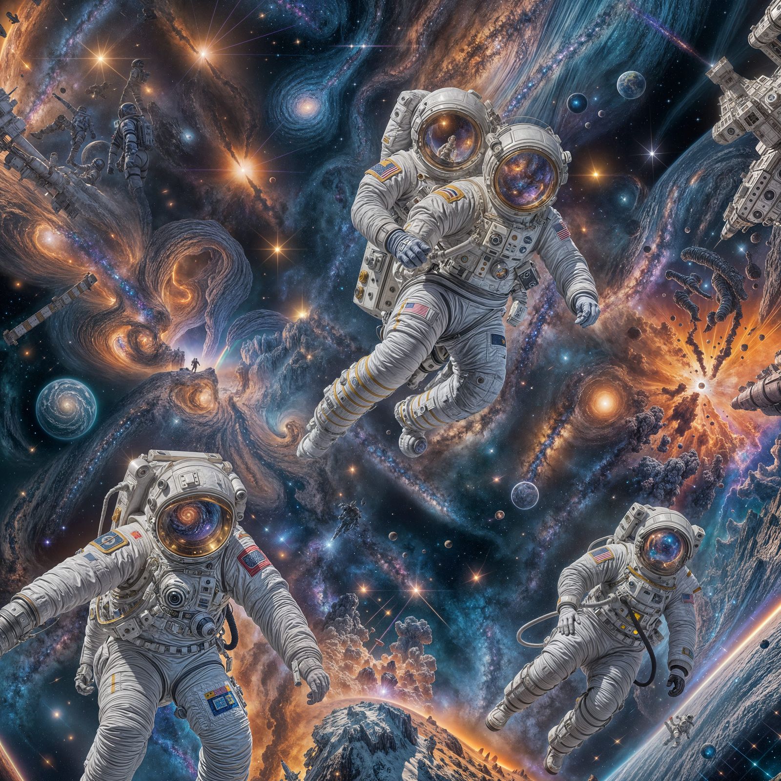 Astronauts in Space with Rainbow Milky Way