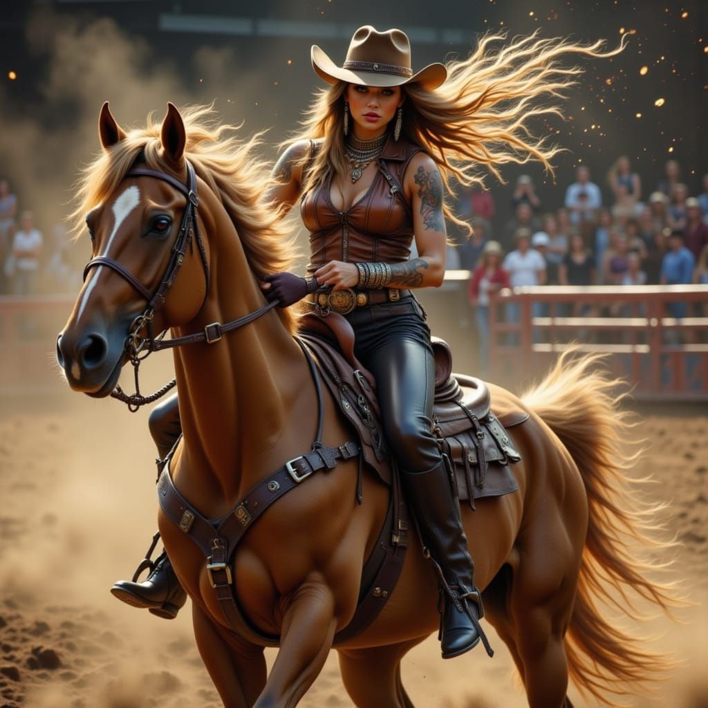 Tough Cowgirl Rides Bucking Horse in Dynamic Rodeo Scene