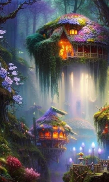 Magical Fairy Village in Blue Toadstool Wonderland