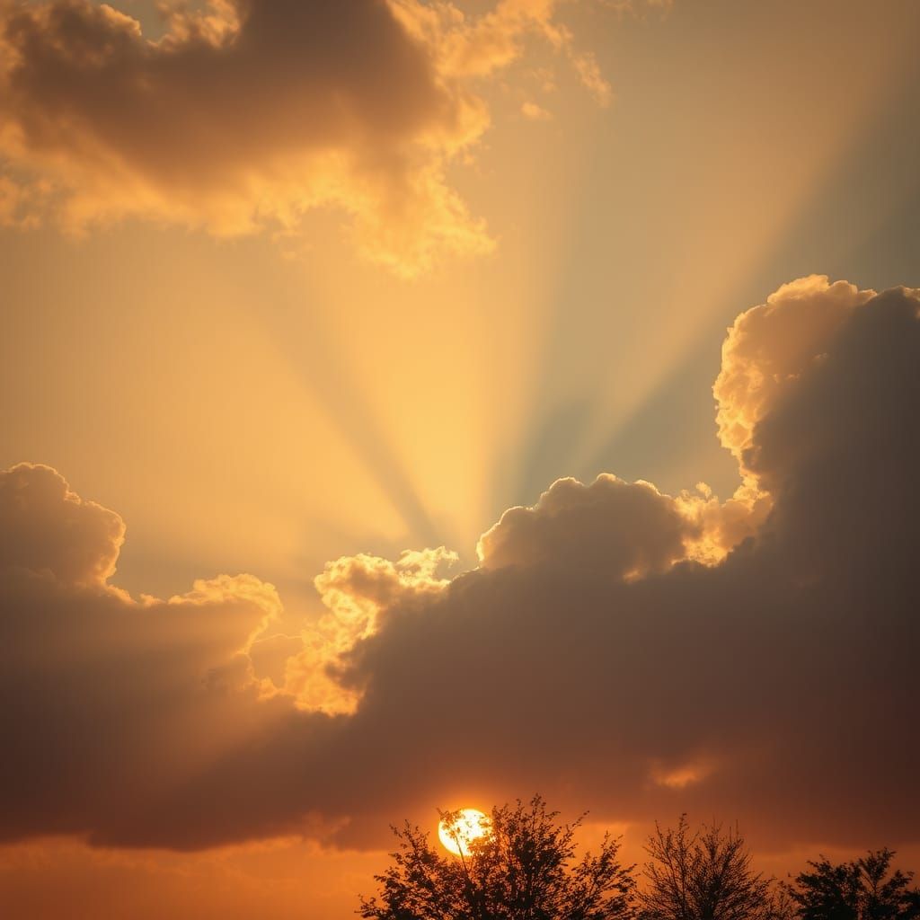 Autumn Sunset with Sunbeams Shining Through Clouds