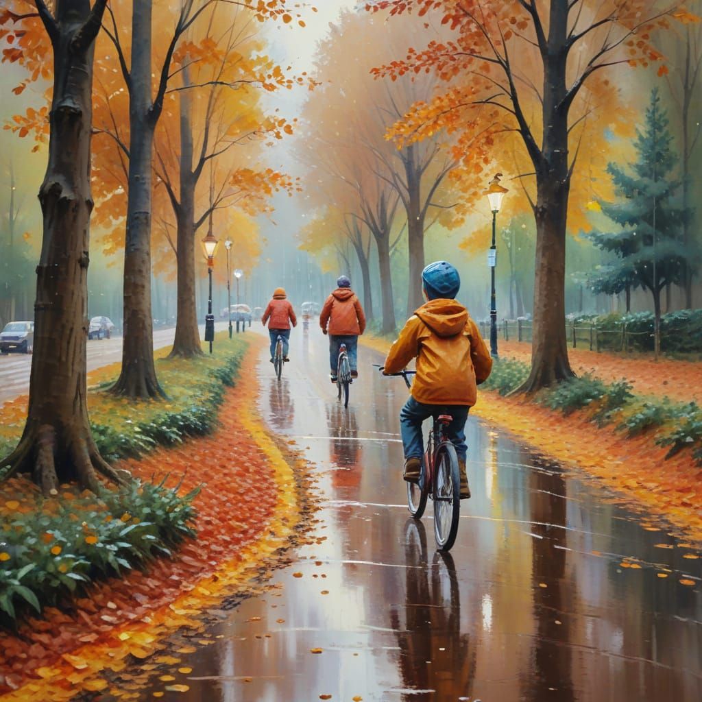 Autumn Forest Scene with People and a Bike in Soft Impressio...