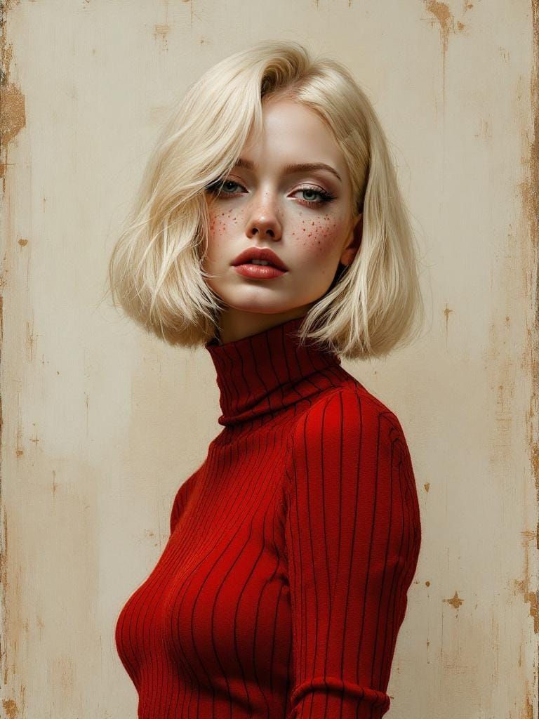 Blonde Pin-Up Woman with Freckles and Crimson Knit