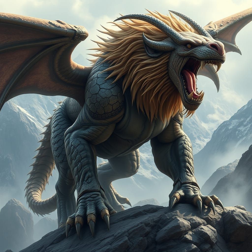 Muscular Lion-Dragon Hybrid with Epic Mountain Background